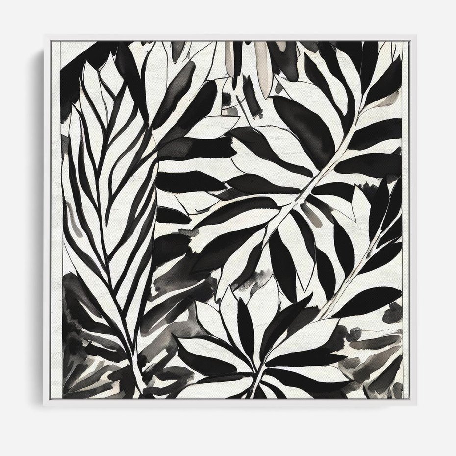 Obraz w ramie 50x50 - Czarne Liście - akwarelowy obraz, czarno biały - rama biała
