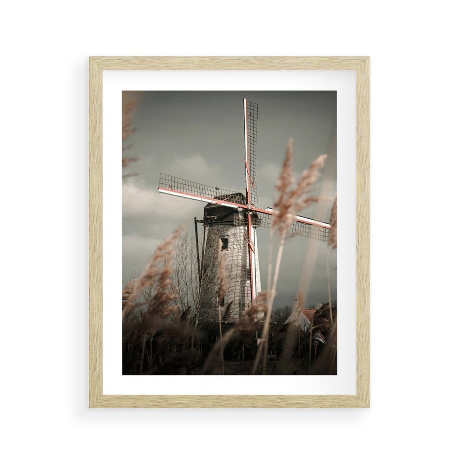 Plakat w ramie 40x50 - Wiejska Idylla: Młyn w Polu - wiatrak, młyn w polu - rama drewno