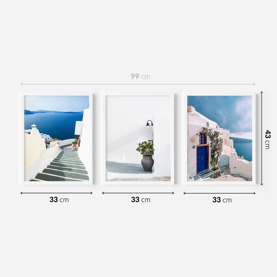 Zestaw obrazy w ramie 30x40 galeria - Santorini, białe, domki, morze - rama biała