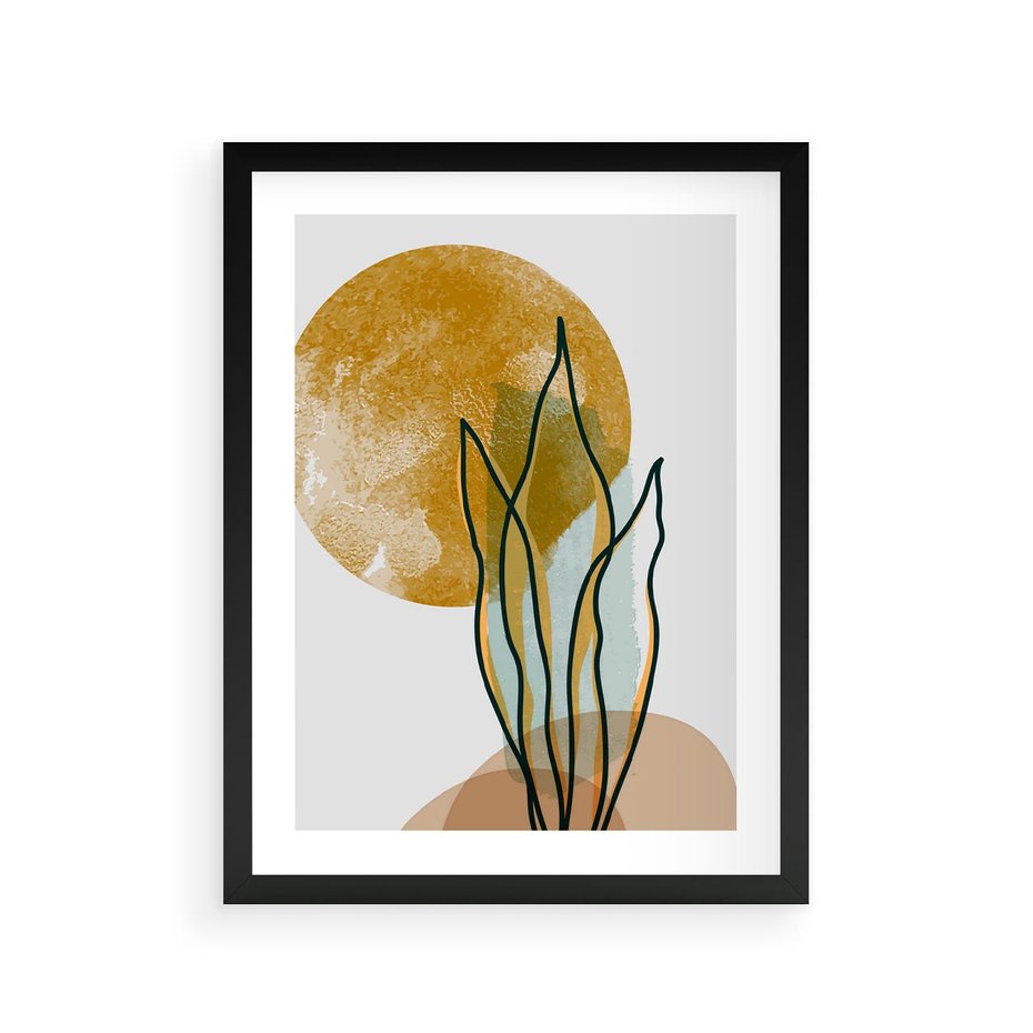 Plakat w ramie 30x40 - Światło Natury: Graficzne Liście i Złote Słońce - grafika, graficzne liście - rama czarna