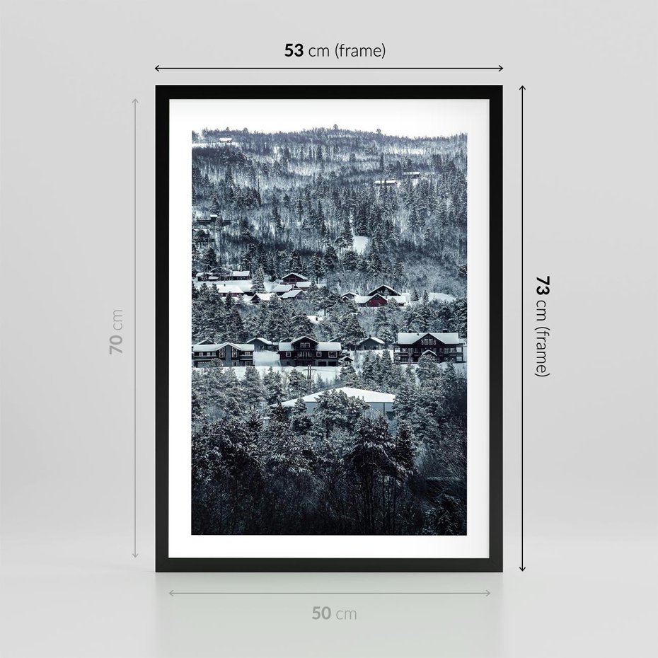 Plakat w ramie 50x70 - Domki w Chmurach - górski zimowy krajobraz, dommki na wzgórzach - rama czarna
