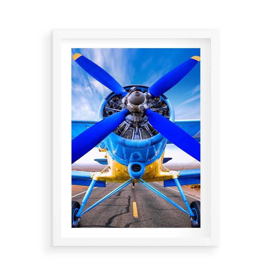 Plakat w ramie 50x70 - Śmigłowiec indygo - samolot, śmigło - rama biała