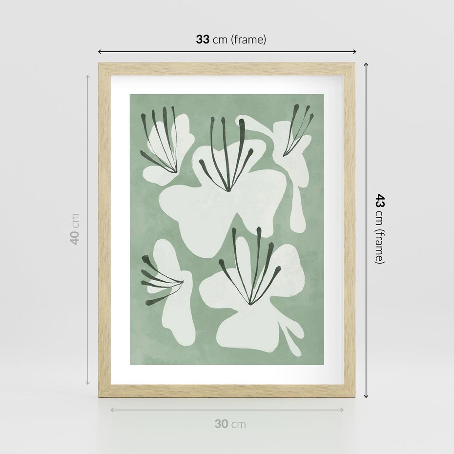 Plakat w ramie 30x40 - Rozkwitające Ukojenie - zgaszona zieleń, kwiaty - rama drewno