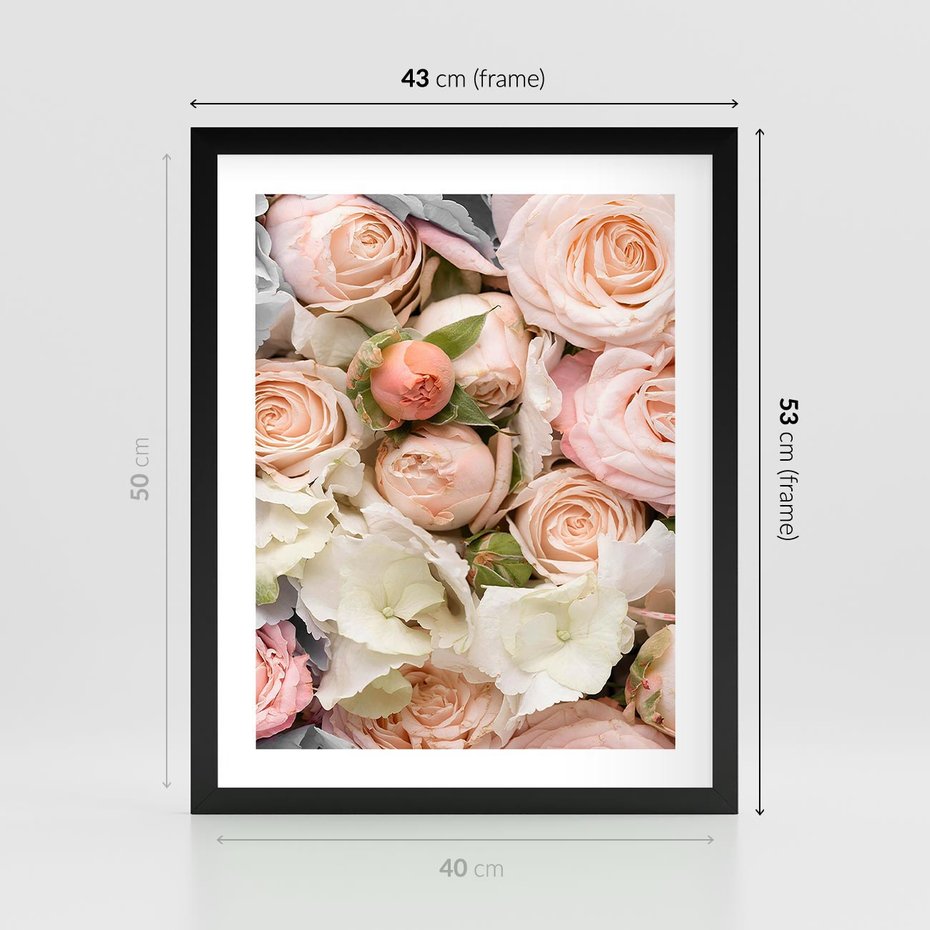Plakat w ramie 40x50 - Kwiatowy Rarytas: Róże w Herbacianym Zbliżeniu - kwiaty, herbaciane - rama czarna
