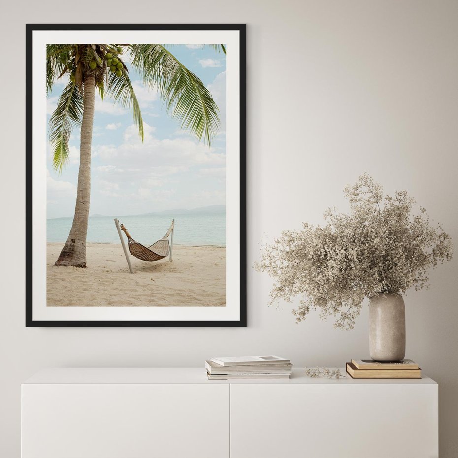 Plakat bez ramy 50x70 - Relaks na plaży - palma, hamak