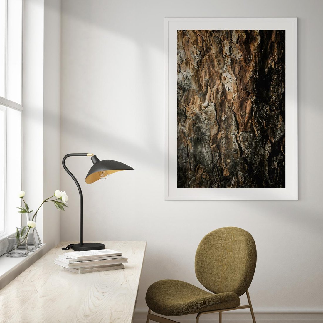 Plakat w ramie 50x70 - Tekstura Drewna: Zbliżenie - zbliżenie na pień drzewa, tekstura - rama biała