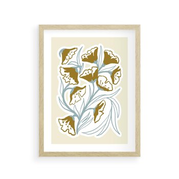 Plakat w ramie 50x70 - Wibracje Widzenia - abstrakcyjne beżowe kwiaty, elegancka kompozycja - rama drewno