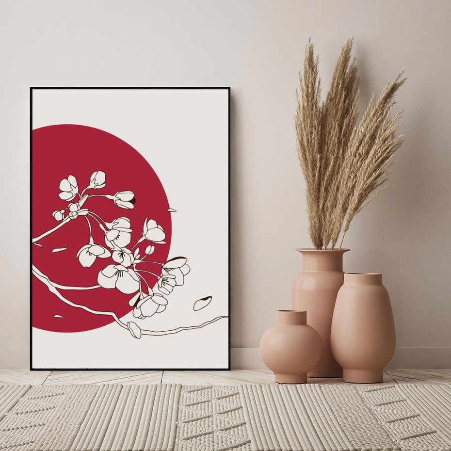 Obraz w ramie 70x100 - Esencja Zen - kwiatnąca wiśnia, orientalna grafika - rama czarna