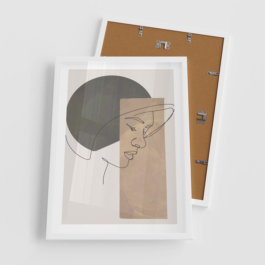 Plakat w ramie 50x70 - Jedną Linią: Kobieca Twarz - abstrakcja, plamy w tle - rama biała