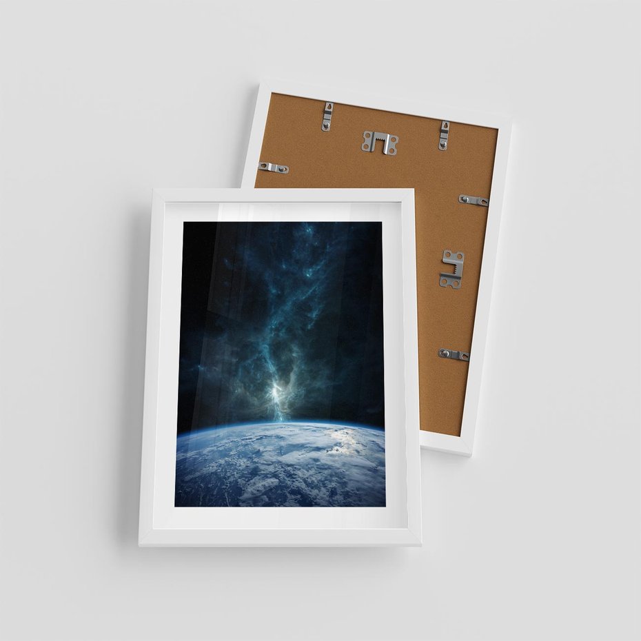 Plakat w ramie 30x40 - Wędrówka przez galaktyki - ziemia, kosmos - rama biała