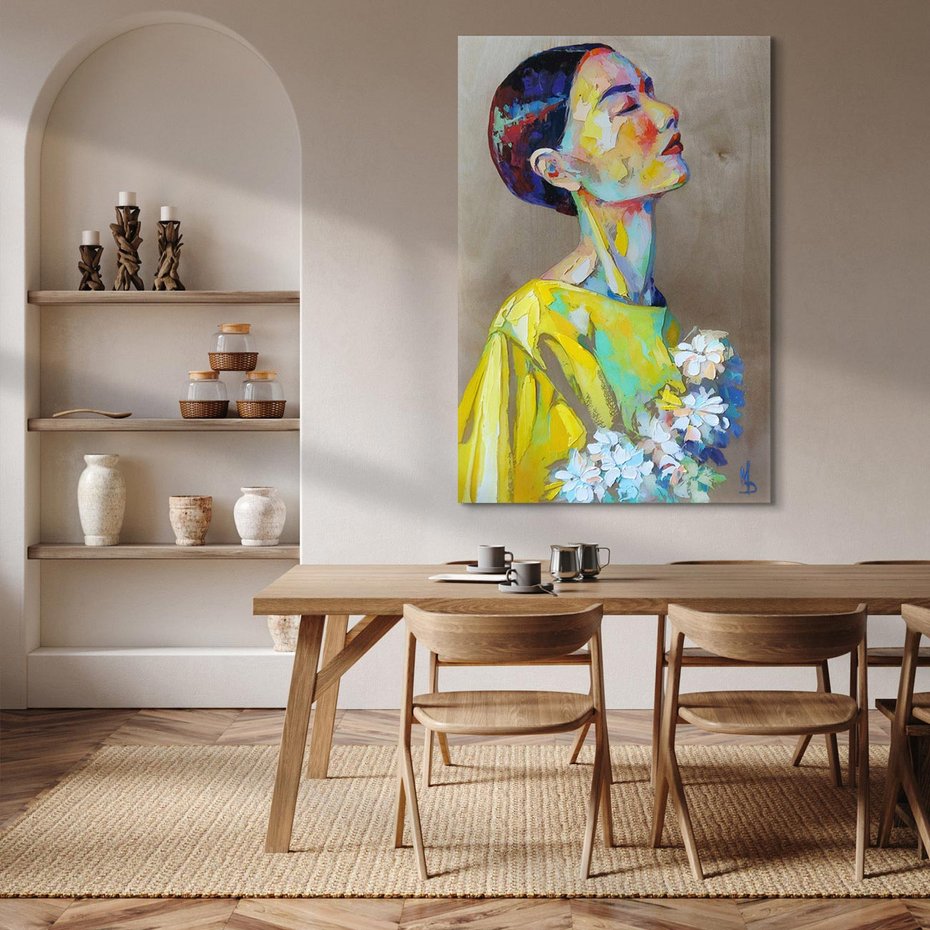 Obraz na płótnie 50x70 - W Żółtej Sukience - olejny abstrakcyjny obraz, portret kobiety w żółtej sukience