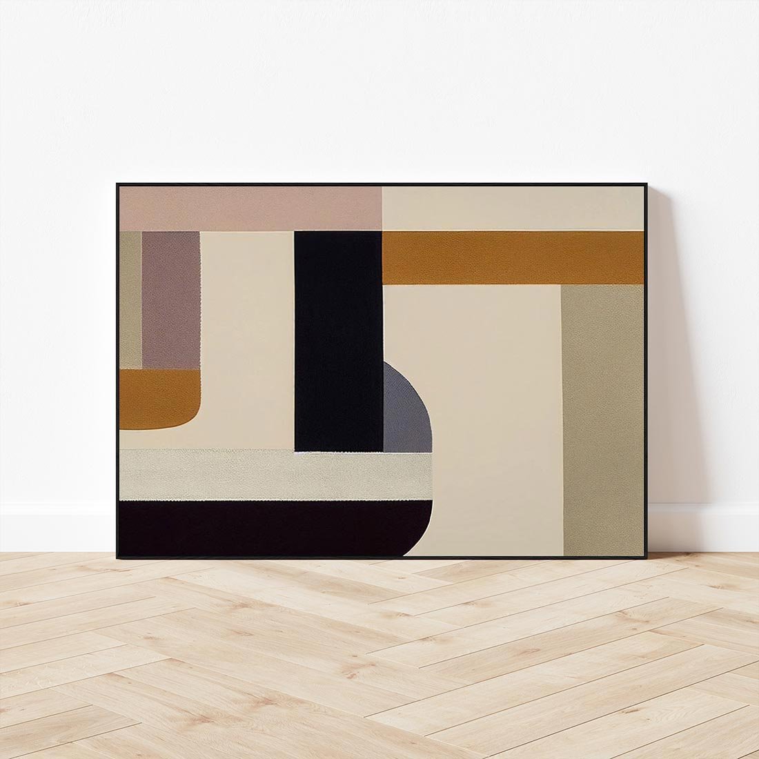 Obraz w ramie 100x70 - Nowoczesne Brązy - geometryszne pasy, nowoczesny styl - rama czarna