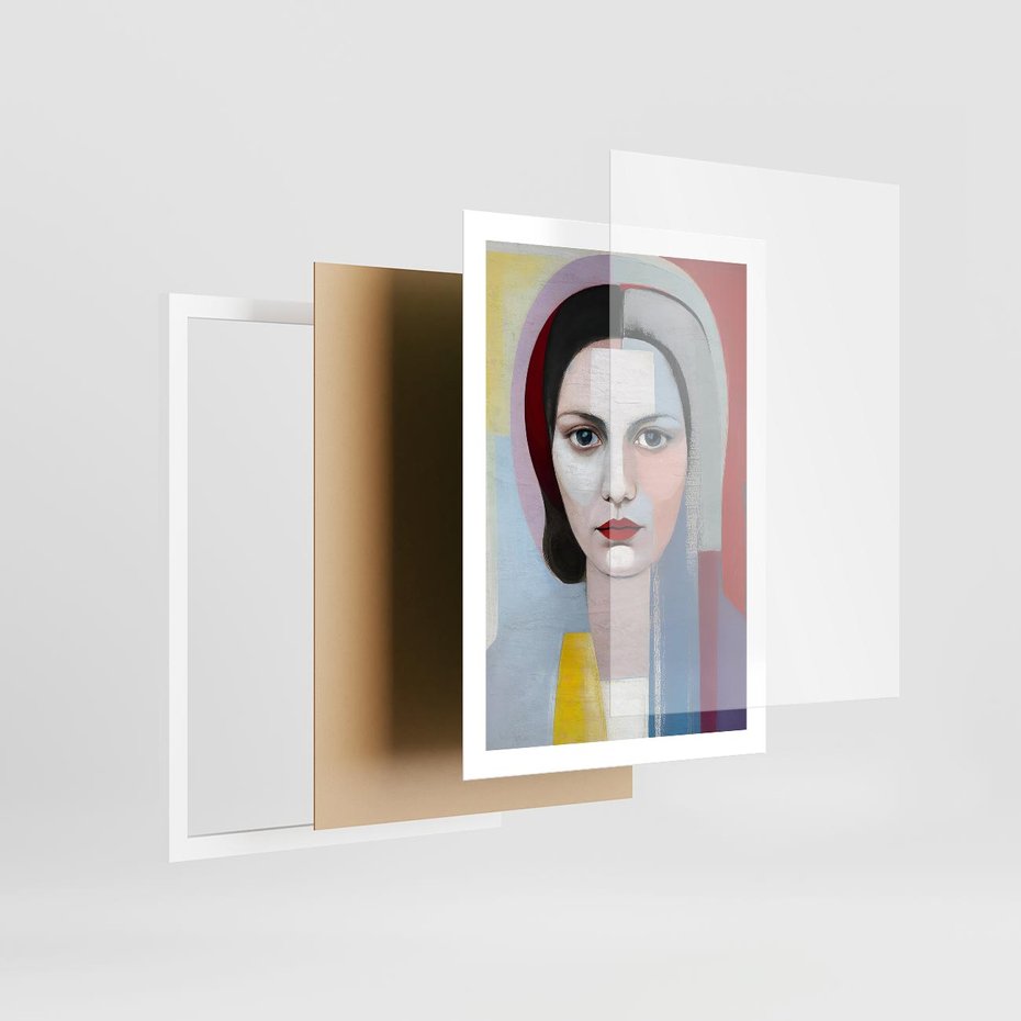 Plakat w ramie 50x70 - Kolorowe Granice Form - abstrakcyjny obraz olejny, portret twarzy kobiety - rama biała