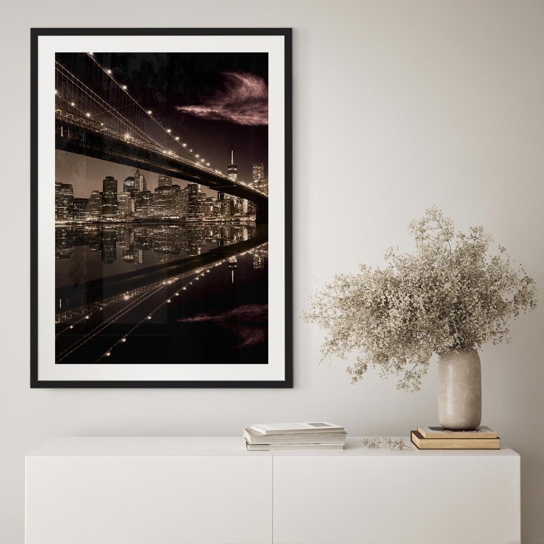 Plakat w ramie 50x70 - Most na nocnym horyzoncie - most, noc - rama czarna