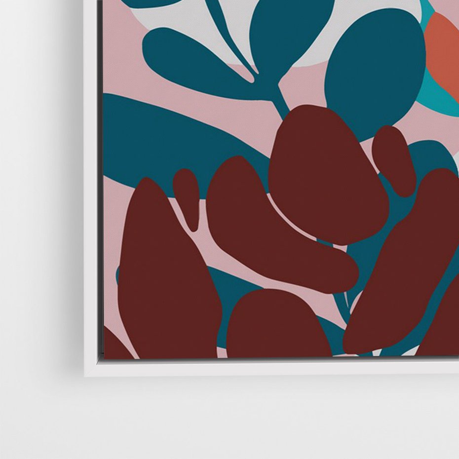 Obraz w ramie 50x70 - Impresje Kształtów - abstrakcyjna kompozycja kwiatowych form, kolor zgaszone - rama biała