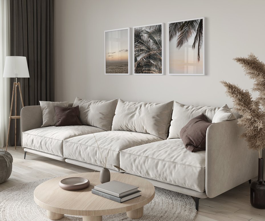 Zestaw obrazy w ramie 50x70 galeria - Palmy, plaża, zachód, słońca - rama biała