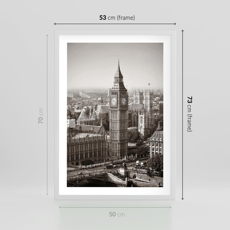 Plakat w ramie 50x70 - Magiczna esencja Londynu: Big Ben i miasto - Big Ben, Londyn - rama biała