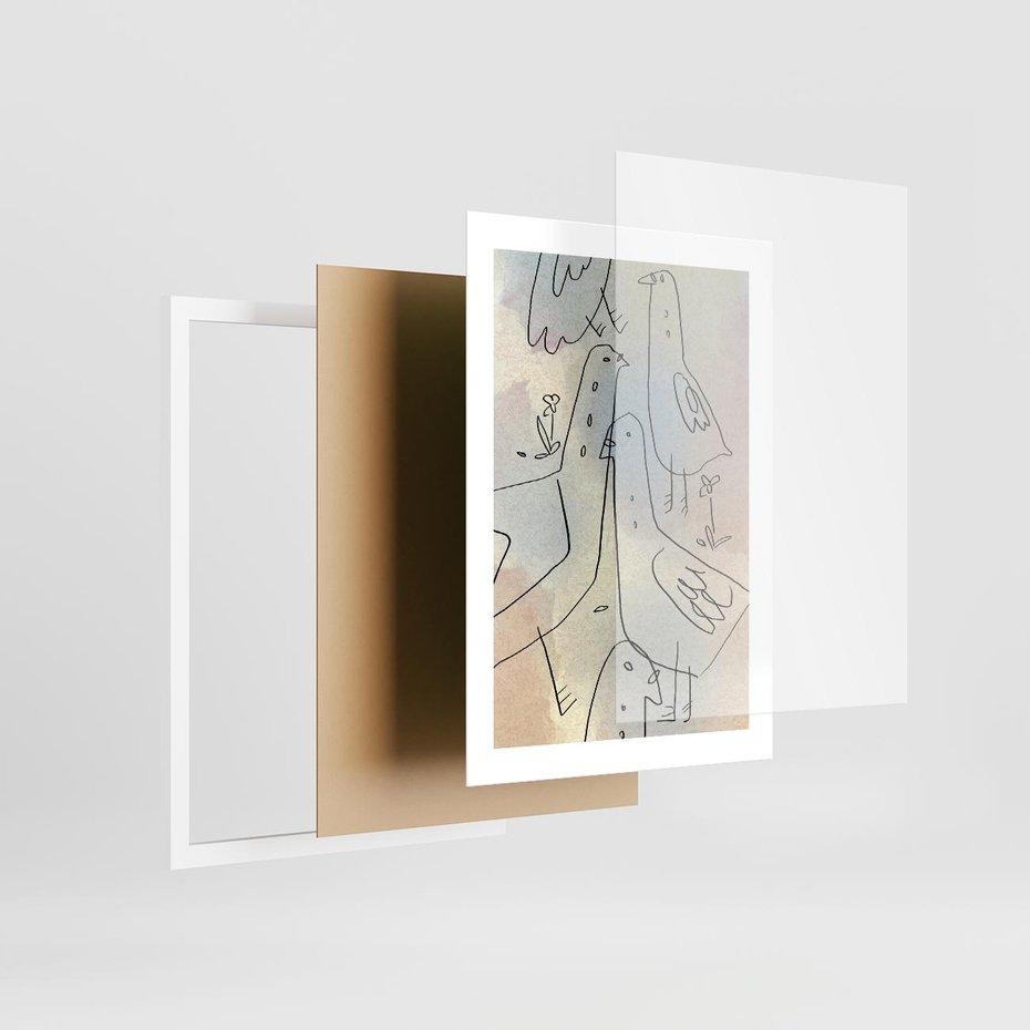 Plakat w ramie 30x40 - Strukturalna Gromada - abstrakcyjny plakat, szkic ptaków - rama biała