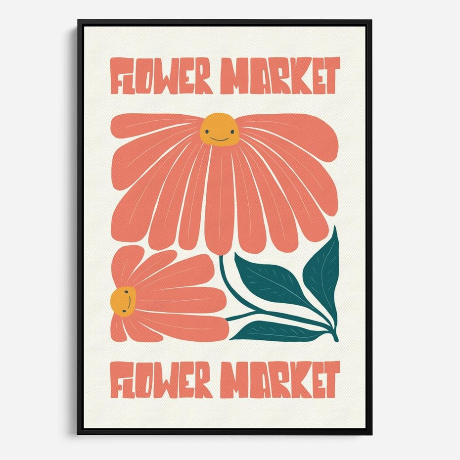 Obraz w ramie 50x70 - Retro Radość - typografia, wesołe kwiaty - rama czarna