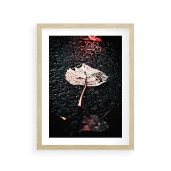 Plakat w ramie 30x40 - Jesień w Detalu: Liść na Mokrej Drodze - liść, jesień - rama drewno