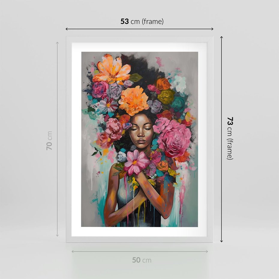 Plakat w ramie 50x70 - Z Głową w Kwiatach - obraz olejny, sztuka nowoczesna - rama biała