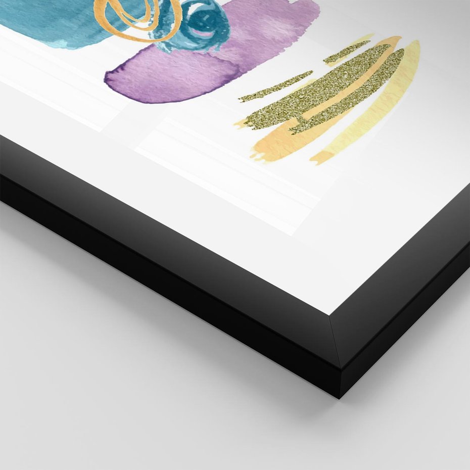 Plakat w ramie 40x50 - Taniec Akwarelowych Kresek - akwarelowe plamy w odcieniach błękitu, złote kreski - rama czarna