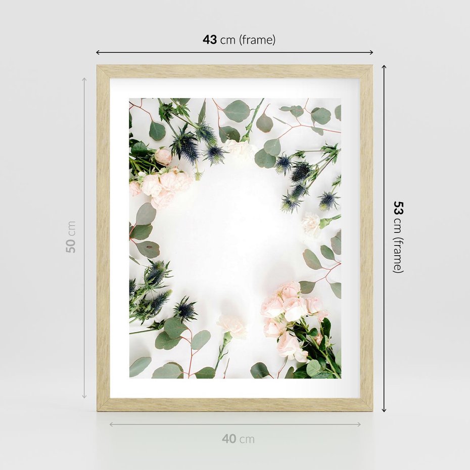 Plakat w ramie 40x50 - Róże i Zielone Liście - kompozycja kwiatowa, róże - rama drewno