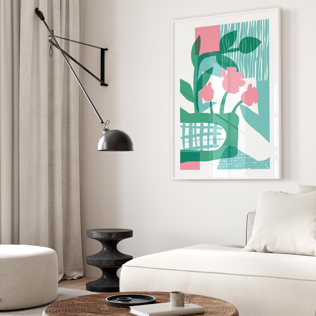 Plakat w ramie 40x50 - Harmonijne Plamy - abstrakcyjne pastelowe kwiaty, nowoczesna sztuka - rama biała