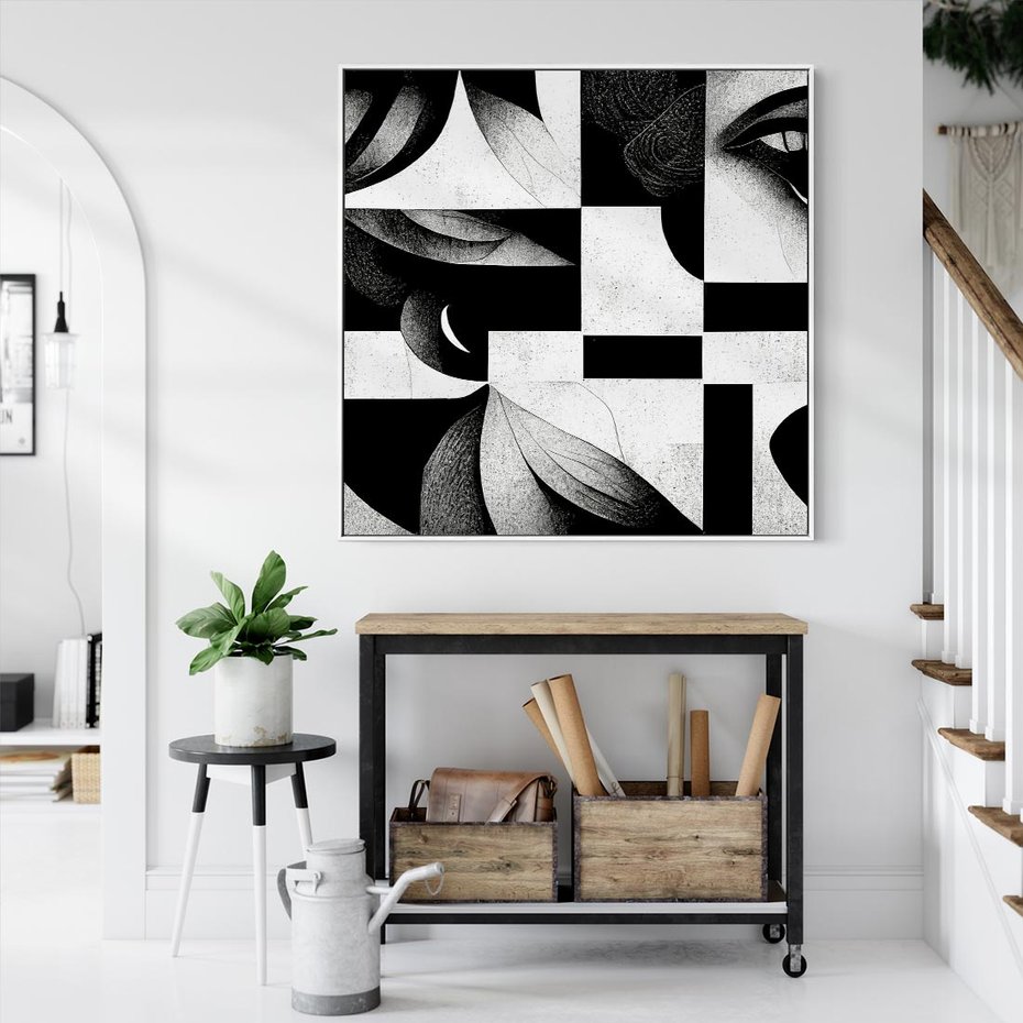 Obraz w ramie 50x50 - Harmonia świateł i cieni - abstrakcja czarno biała, geometria - rama biała