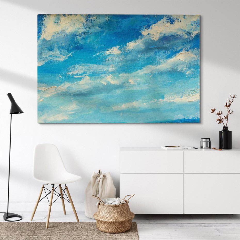 Obraz na płótnie 120x80 - Oddechy niebiańskiej materii - olejny obraz, smugi farby przypominają obłoki na błękitnym niebie