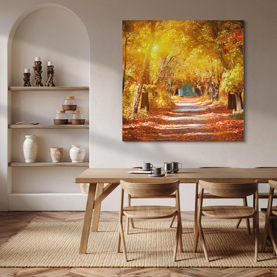 Obraz na płótnie 80x80 - Jesienna Droga: Przechadzka wśród Drzew - jesień, droga
