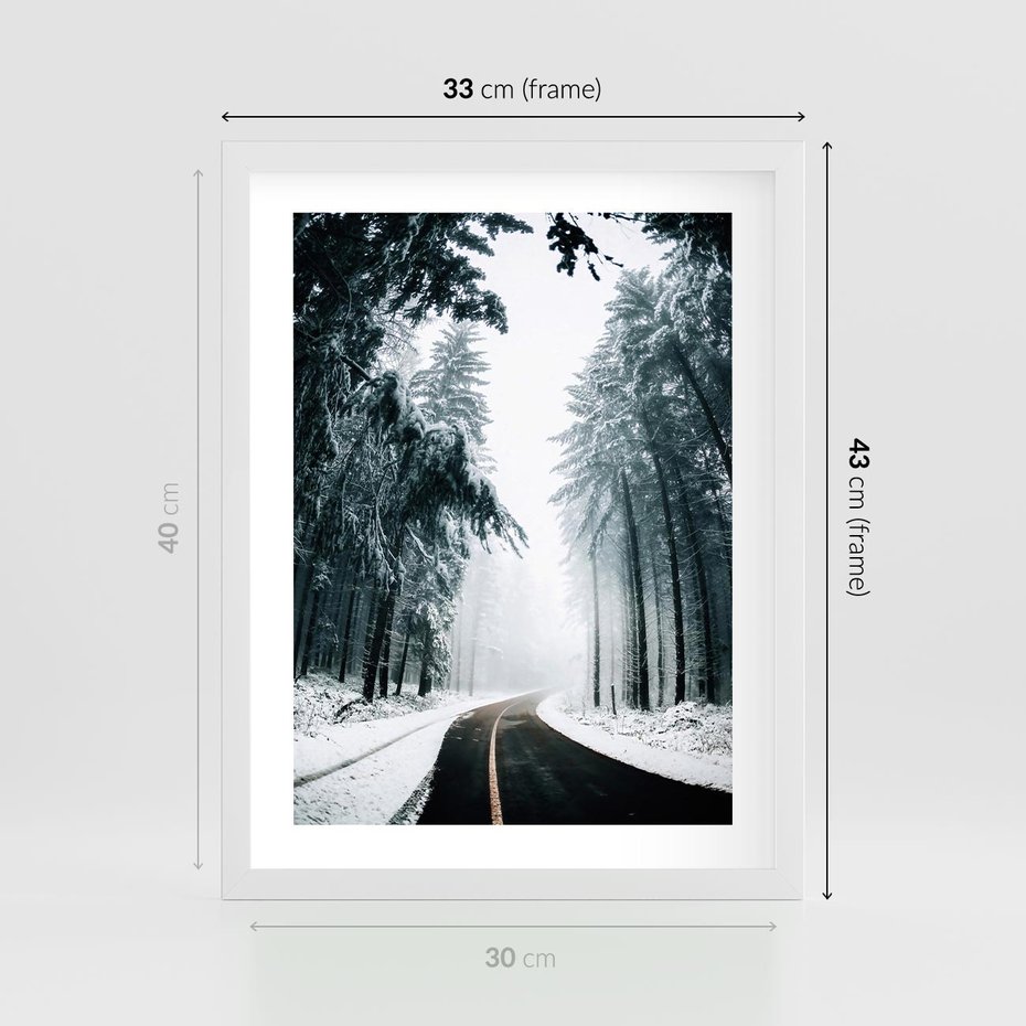 Plakat w ramie 30x40 - Droga przez Zimowy Las - drzewa, śnieg - rama biała