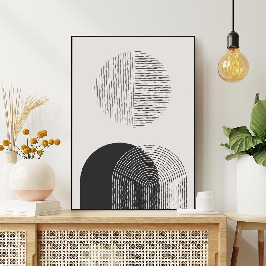 Obraz w ramie 70x100 - Przenikająca Rzeczywistość - abstrakcyjna kompozycja, okręgi i półokręgi - rama czarna