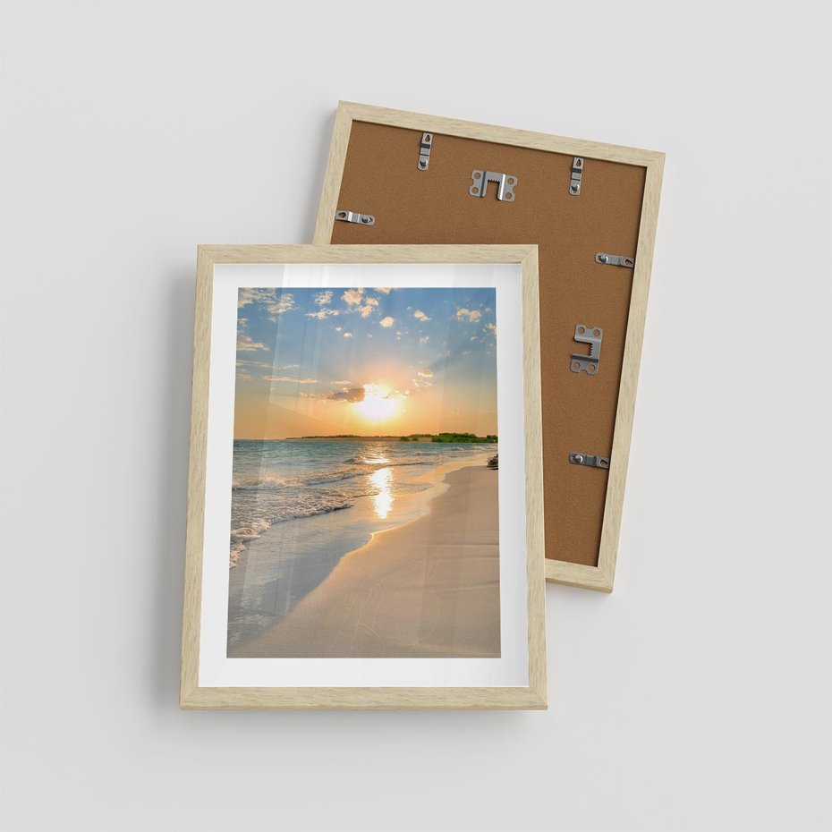 Plakat w ramie 30x40 - Zachód słońca na plaży - plaża, zachód - rama drewno