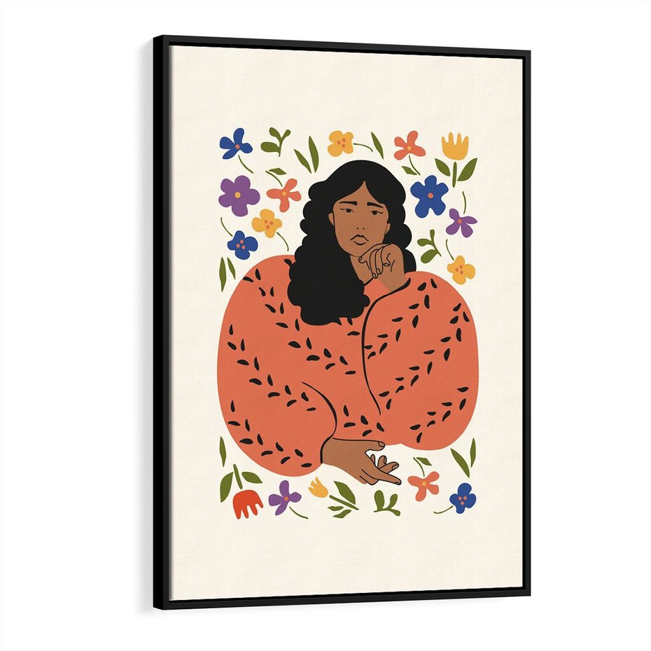 Obraz w ramie 50x70 - Rozplątane Emocje - nowoczesny plakat, kobieta otoczona kwiatami - rama czarna