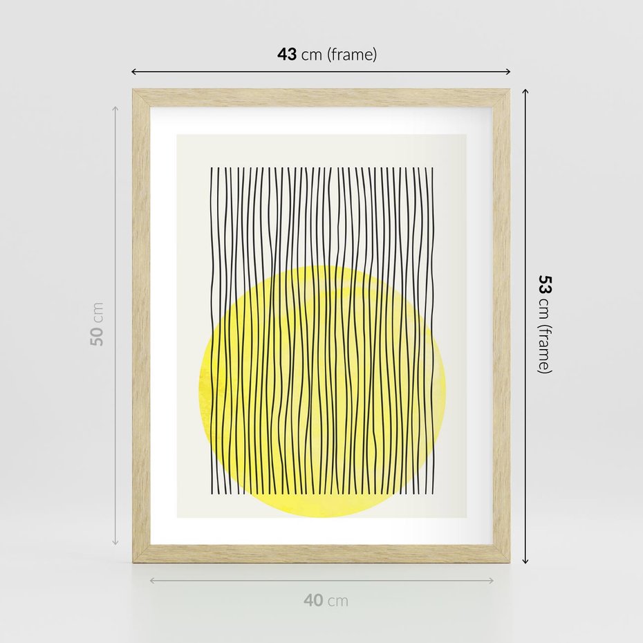 Plakat w ramie 40x50 - Ciepłe Przenikanie - geometria, żółte koło - rama drewno