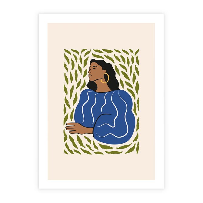 Plakat bez ramy 21x30 - Rozbite Barwy - nowoczesny plakat, kobieta otoczona liśćmi