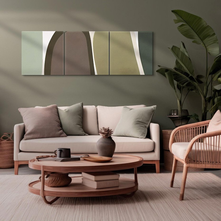 Obraz na płótnie 90x30 - Fale w Zieleni - abstrakcyjne kształty, zgaszona zieleń