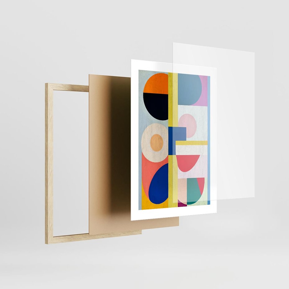 Plakat w ramie 30x40 - Harmonia Kolorowych Impulsów - abstrakcyjne geometryczne kształty, olejny obraz - rama drewno