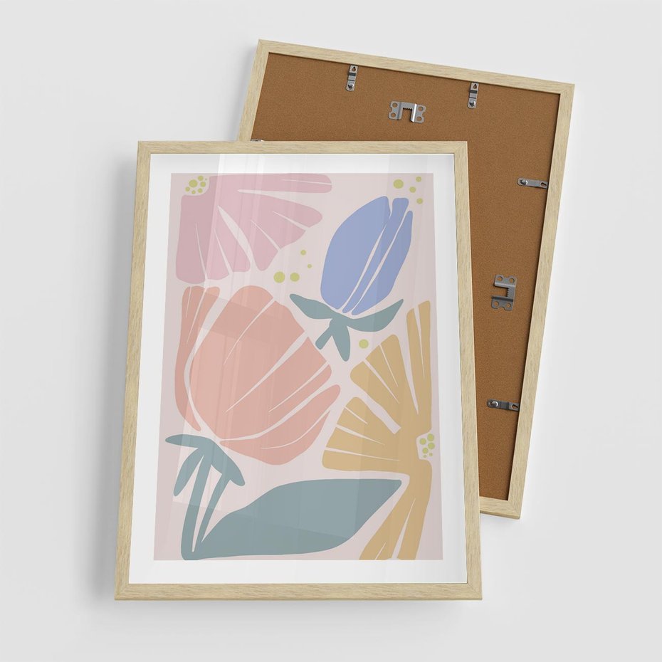 Plakat w ramie 50x70 - Rozkwitające Harmonie Natury - pastelowe kwiaty, na beżowym tle - rama drewno