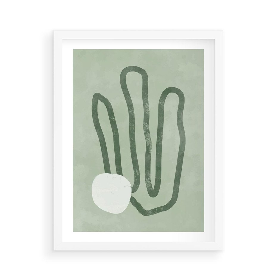 Plakat w ramie 50x70 - Spokojne Kształty Natury - zielona abstrakcja, zgaszona zieleń - rama biała