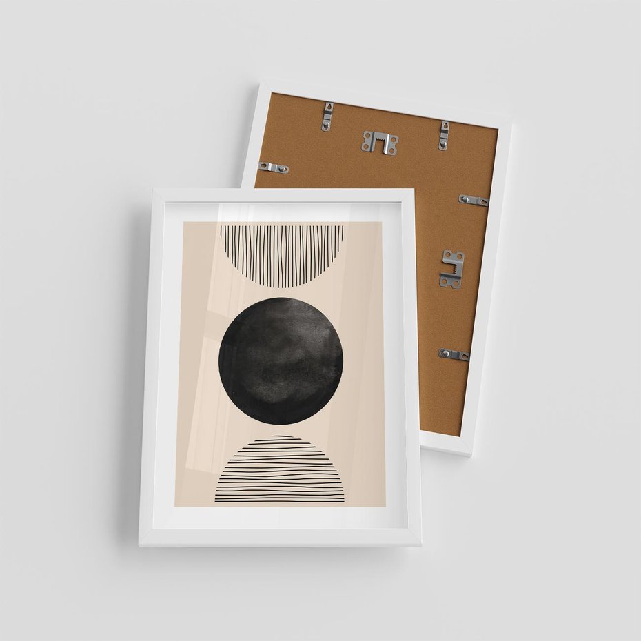 Plakat w ramie 30x40 - Minimalizm w Kształtach - geometryczny graficzny obraz, czarne koło - rama biała