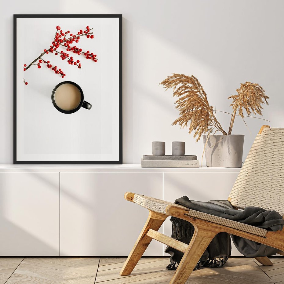 Plakat w ramie 50x70 - Filiżanka Kawy z Gałązką Jarzębiny - kawa, gałązka jarzębiny - rama czarna