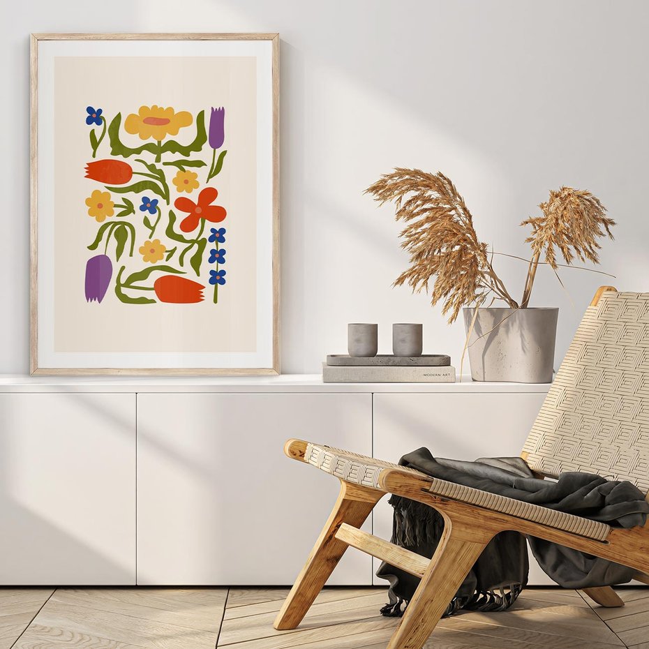 Plakat w ramie 30x40 - Minimalistyczna Harmonia - kwiaty, sztuka nowoczesna - rama drewno