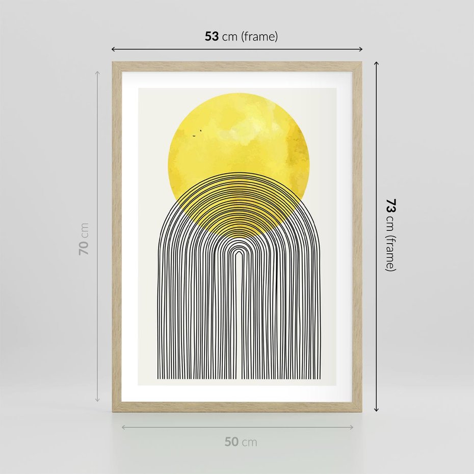 Plakat w ramie 50x70 - Słoneczne Odbicia - geometria, żółte koło - rama drewno