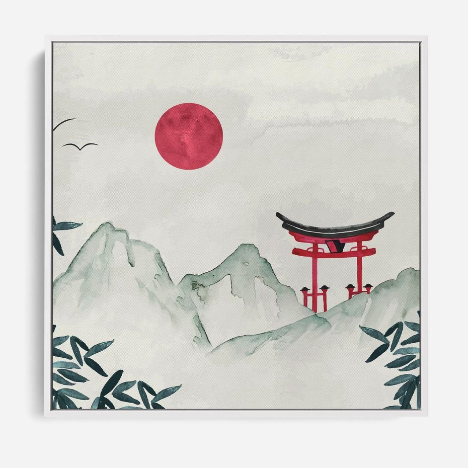 Obraz w ramie 50x50 - Słońce nad Górami - japoński krajobraz, góry - rama biała