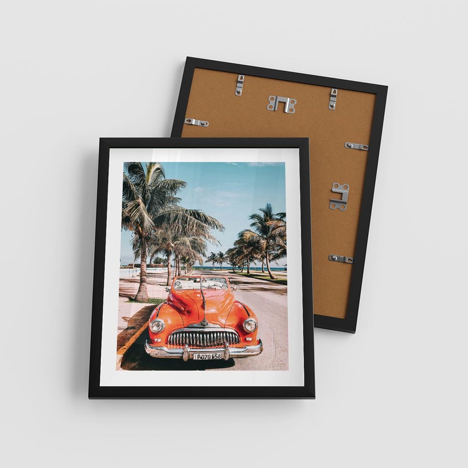 Plakat w ramie 40x50 - Retro Przejażdżka - pomarańczowy retro samochód, kabriolet - rama czarna