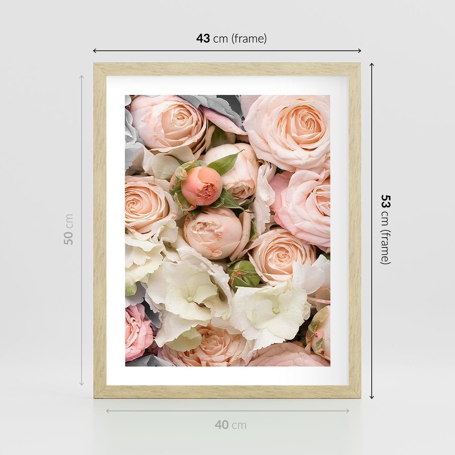 Plakat w ramie 40x50 - Kwiatowy Rarytas: Róże w Herbacianym Zbliżeniu - kwiaty, herbaciane - rama drewno