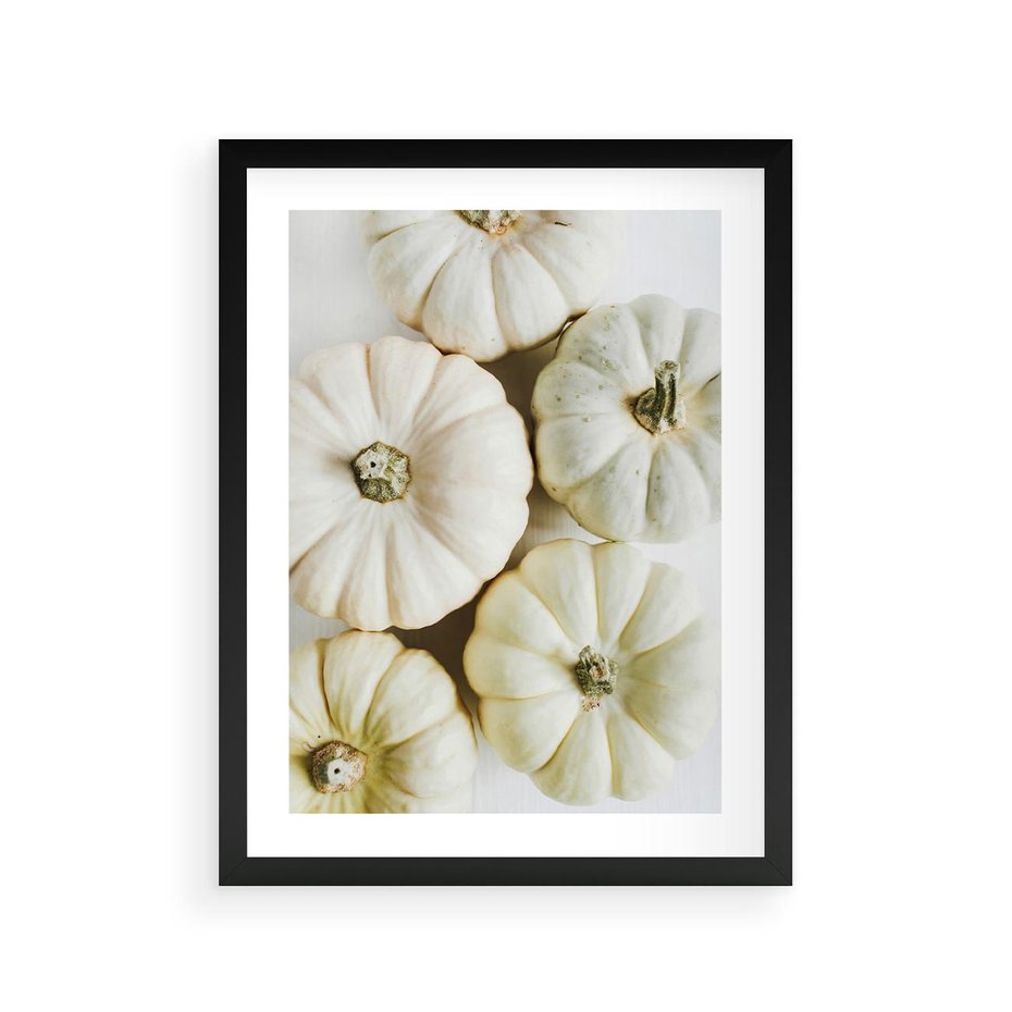 Plakat w ramie 30x40 - Jesienne Dynie: Delikatna Kompozycja - białe dynie, jasna kompozycja - rama czarna