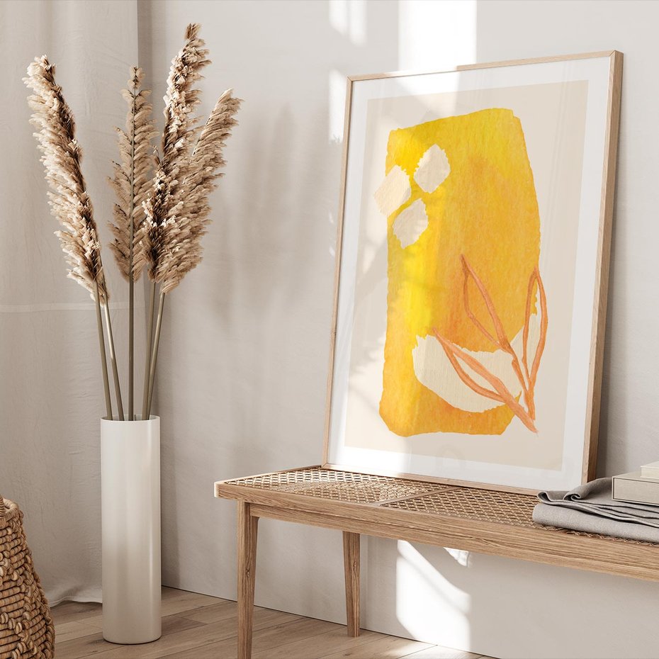 Plakat w ramie 40x50 - Kolorowe Marzenia - abstrakcyjna żółta plama, akwarela - rama drewno